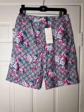 Floral Print Men’s Swim Trunks - Gray with Pink Floral. No Brand.